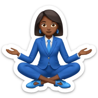 black woman in a blue smart suit and shoes, sitting cross-legged, relaxed and confident, emoji style sticker