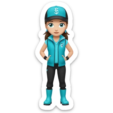 A landscaper in a beautiful turquoise jacket, turquoise rubber boots, and black pants. Over the turquoise jacket, she wears a black sleeveless vest. On her head, she wears a black Swissotel baseball cap. The girl is a brunette with blue eyes. sticker