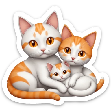 full body of a grey and white cat cuddling a very small + skinny ginger and white kitten with deep orange eyes and triangular shaped face lying down sticker