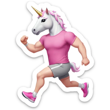 friendly anthropomorphised male white unicorn with a fit, chunky, muscular and strong physique, arms and legs matching the white of the head, in grey shorts and pink t-shirt, wearing dark sunglasses, jogging upright in a standard pose sticker