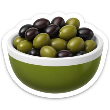 olives object icon, black and green olives in a small bowl, glossy look, 3D cartoon, mobile game icon style, clean background, no text, no watermark
 sticker