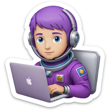 dude astronaut with purple suit, blue eyes, short purple hair and one macbook sticker