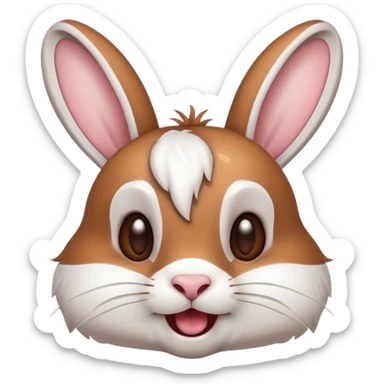 Cinematic Comical White and Brown Rabbit Portrait Emoji, Head tilted dramatically with an exaggeratedly amused expression, featuring a striking fur with a playful mix of white and brown patches, wide, expressive eyes filled with playful disbelief, Simplified yet hilariously expressive features, highly detailed, glowing with a slightly sassy glow, high shine, dramatic yet playful, stylized with an air of cheeky mischief, bright and endearing, soft glowing outline, capturing the essence of a spirited and over-the-top bunny, so meme-worthy it feels like it could side-eye its way into internet fame instantly! sticker