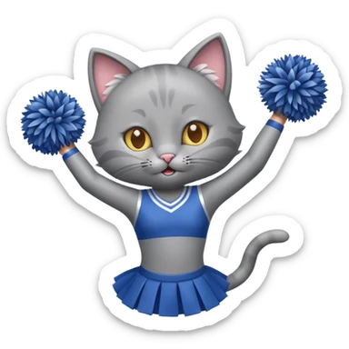 A sleek grey cat cheerleader twirling pom-poms with confident energy. sticker