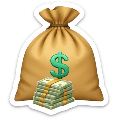 money bag and stack of dollars placed with it sticker