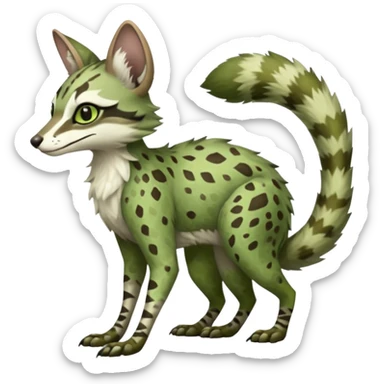 Feral Rare Fantasy   sage-green and moss-brown camouflage-speckled matte fur Vernid-Sergal-Genet-Trico-species by LiLaiRa, random markings, tufted tail, tufted ears, full body sticker