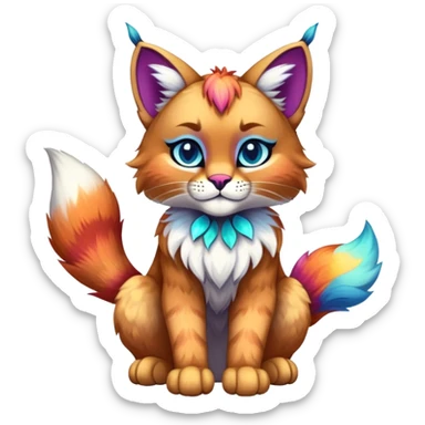 Vibrant multicolored Falvie-Fionbri-Bobcat-Caracal-creature-sparkle-feline-fursona, full body sticker