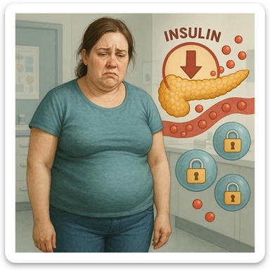 Realistic woman about 38 years old, overweight localized on abdomen and face, in a clinical environment. Expression of fatigue and frustration. Around: stylized pancreas with low insulin symbol, glucose in the blood, cells with closed padlocks. Realistic and symbolic style. sticker