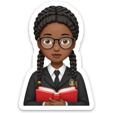 Girl student wearing uniform, glasses, hold book in front of their chest, black braided hair, dark skin sticker