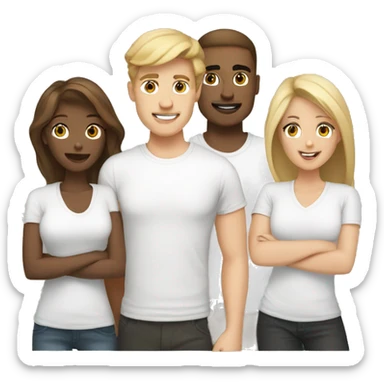 Digital team emoiji consisting of 2 women and 3 men. One blonde woman, one blond man, rest brown hair. All white in tshirts. sticker