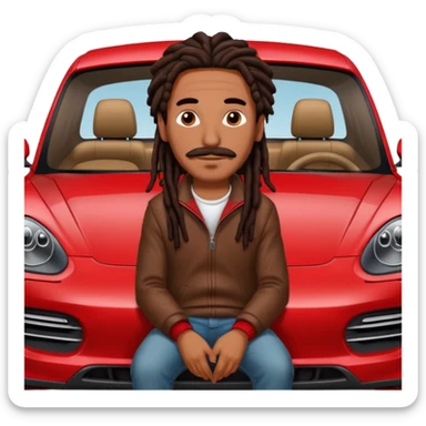 Red Porsche cayenne with guy with dark brown dreads sitting inside with mustache sticker