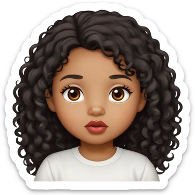 medium brown skin tone, very adorable toddler, with big plump lips, long long lashes, black curly long hair, brown eyes, white shirt sticker