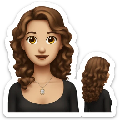 charming girl in black dress with brown wavy hair and brown eyes wearing necklace sticker
