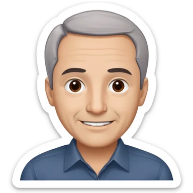 Famous Puerto Rican actor René Monclova with round face, wide jaw, light complexion. Expressive brown eyes, thick eyebrows. Short gray hair with visible receding hairline. Friendly smile. Wearing a dark formal shirt. sticker