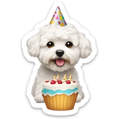 a white maltipoo with party hat and cake sticker