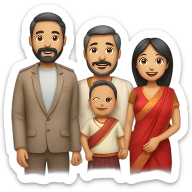 A family with Indian dad with beard and Chinese wife in red and 1 small baby sticker