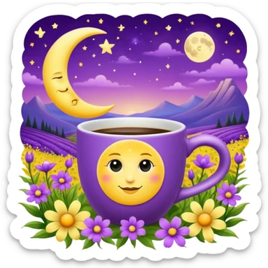 Coffee cup positioned with handle on the left, coffee cup with the moon on the coffee cup, in a field of beautiful mystical purple and yellow celestial flowers  sticker