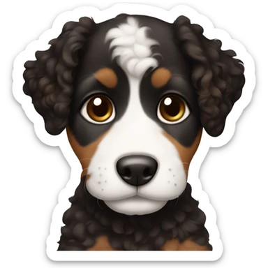 Puppy with curly black and brown fur and white patch on chest sticker