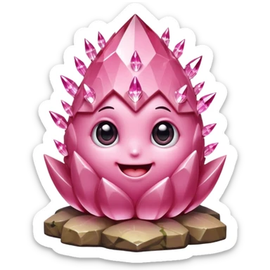A single cute pink crystal cluster character, chunky round base with many tall rose-pink crystal spikes growing upward like a quartz cluster, faceted and slightly imperfect, on the front of the base a kawaii face with big shiny eyes and a happy open smile very shiny sticker