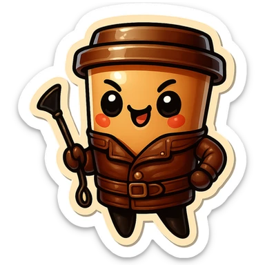 Tall coffee cup, dressed in leather holding a whipping crop, mischevious, sticker