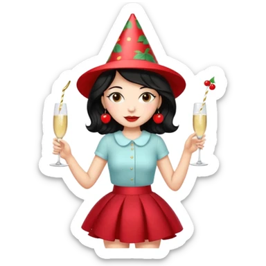 A woman with wavy black hair in a cherry skirt, beautiful and authoritative, drinking champagne sticker