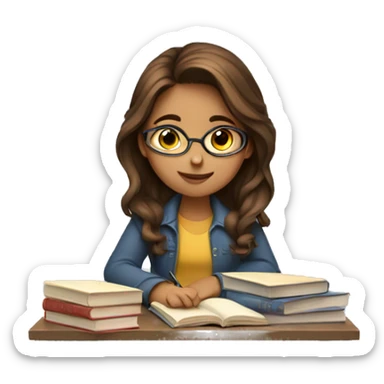 Girl with brown hair studying with lots of books sticker