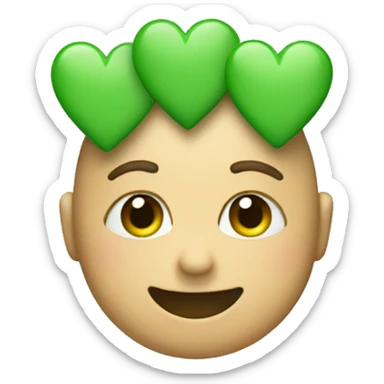 An emoji that looks cute with the left hand on its hand witg three green sage hearts on the head sticker