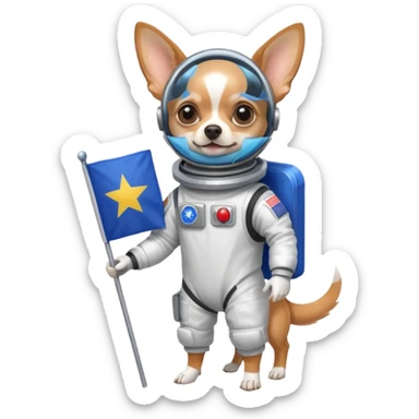 a chihuahua in space suit, holding blue rectangle flag, full body, front view sticker
