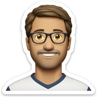 man mid 30 age arsenal shirt glasses short brown hair arms up sticker