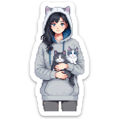 Girl with black hair in gray hoodie with a British shorthair blue and white cat and a long-haired blue and white cat sticker