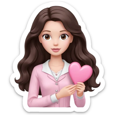 A white Barbie girl with long dark brown wavy hair in pale pink clothes holds pale pink heart sticker