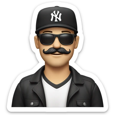 Homme blanc, 30 ans, cheveux courts noir, moustache, casquette noir yankees noir, avec uns bière  sticker