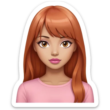 gorgeous woman, light tan skin, very long auburn hair, bangs, black eyes, peach lipstick, model, latina, asian, mixed, pink top sticker