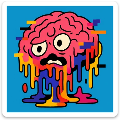 cartoon brain melting or glitching, expressive and surreal, concept of brainrot sticker