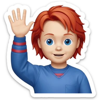 Can you create an emote for me referencing the Chucky character, with a happy and cute expression, that's waving sticker