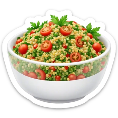 Cinematic Realistic Tabbouleh Salad Dish Emoji, showcasing a fresh herbaceous salad with bulgur, tomatoes, and parsley rendered with crisp textures and natural, vibrant lighting. sticker