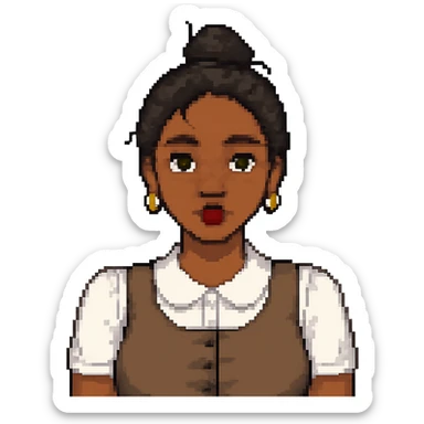Make her skin color darker and ensure she has only one bun in her messy black hair, keep the style and all other features the same, with no background. Maintain the original style and details faithfully. sticker