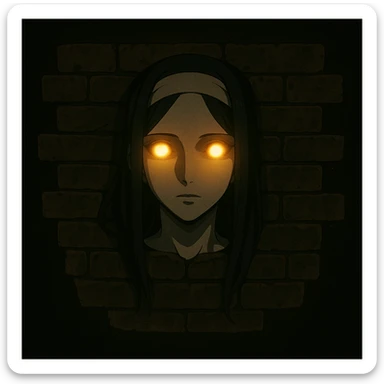 Add glowing eyes to Nigredo's face emerging from the brick wall, mysterious and slightly eerie, anime style. Maintain the anime style with a mysterious and slightly eerie atmosphere while adding glowing eyes. sticker