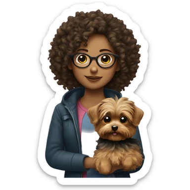 Curly haired girl with glasses holding a yorkie sticker