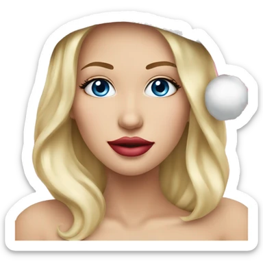 Beautiful blonde blue eyed woman, pink lips, wearing red santa hat sticker