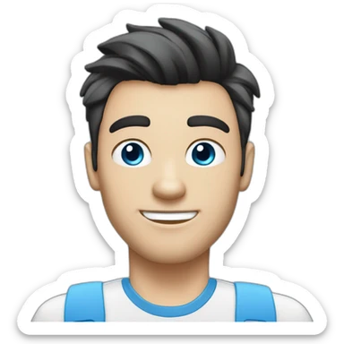 a guy with dark hair pompadour style white skin blue eyes behind a msi laptop sticker