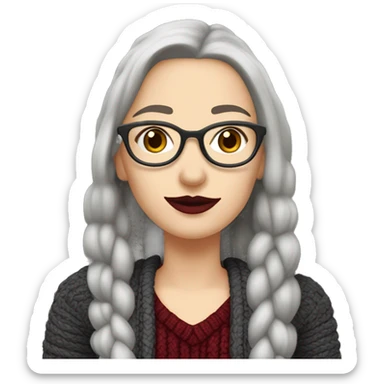 Attractive Caucasian woman with long straight grey hair worn in a braid, wearing wire frame glasses, dark red lipstick, and a sweater, she has a slightly upturned nose sticker