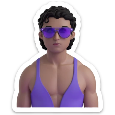 shirtless male athlete with white skin and moderately curly black hair on top with shaved sides, wearing purple sunglasses with black tinted lenses sticker