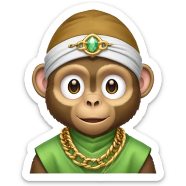 Dark monkey with a dew rag and gold chain and grill sticker