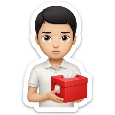 generate a pretty bratz boy with black hair, wearing a white polo shirt. Looking sad, holding a box of tissues sticker
