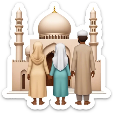 A view from behind of a family of four entering a simple mosque. sticker