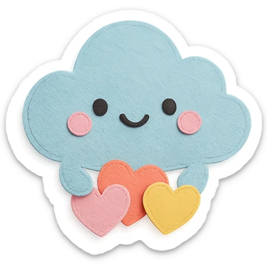 adorable pastel puffy cloud holding small pastel hearts, no arms or legs, full body, kawaii paper craft style sticker