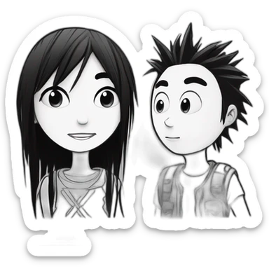 a dog and a girl with black spiky hair looking at each other in style of ((sarah andersen)), black and white,sarah andersen,cartoon,drawn,sketch sticker