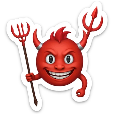 A red demon smiley face holding a trident sticker