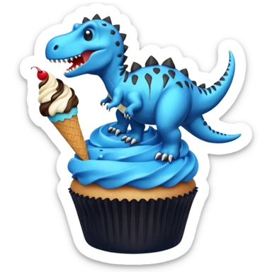 A cupcake having blue and black icing and a dinosaur as a decoration and ice cream next to it sticker